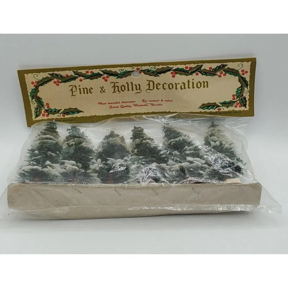 Vintage 6 Plastic Snow Cap Trees Deco by  Pine & Holly Decoration NIP Hong Kong - Picture 5 of 7
